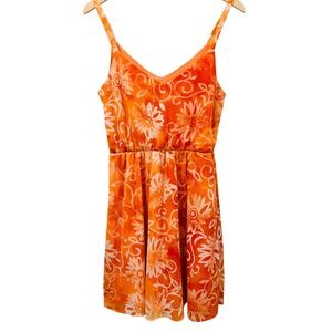 Orange Floral Sunburst Dress V-Neck Spaghetti Strap Beach Mini Sundress- M